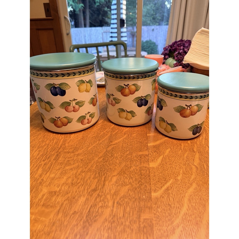 VILLEROY BOCH FRENCH GARDEN FLEURENCE SET OF 3 Metal Canisters Storage Lid Fruit